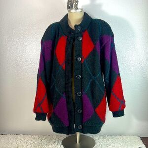 Vintage Jennifer Chase Cardigan Sweater Coat Women M Button Down Argyle